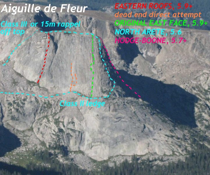 Aiguille de Fleur routes.<br>
<br>
Photo by Mountain Project contributor Bill Duncan.