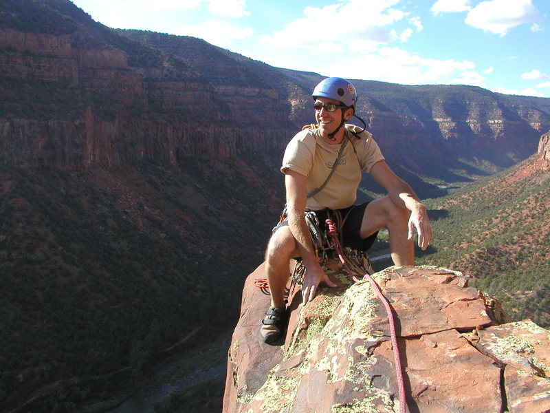 J. Hooten straddles the summit of Wind Tower on FFA, September, 12th 2001 (Judgment Day!!).