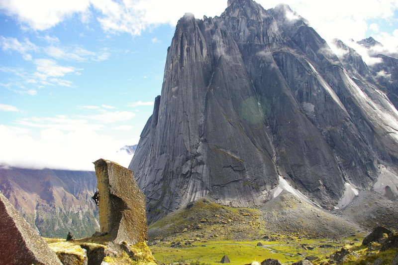 Cragging in Fairy Meadows on "The Penguin" (5.12a/b) with Mt. Harrison Smith in the background