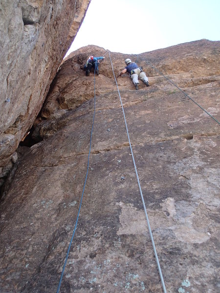 Suzanne (left) on unnamed route (6 bolts to chain anchors) and Chuck (right) on 'Moon Line'