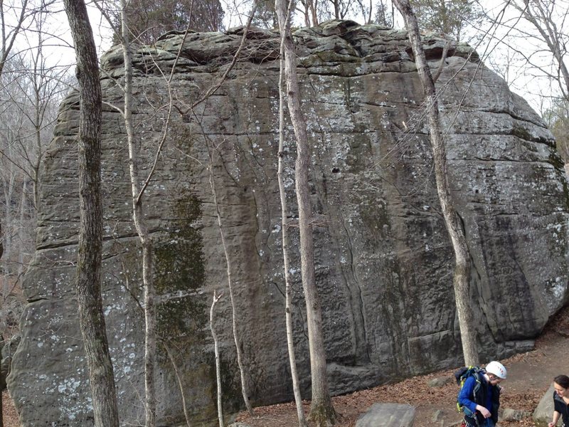 Shot of Spleef Peak, including the two easiest routes on the boulder (Blue Spark over on the right and Through the Smoke further left).