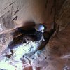 Traversing left through the bird dung on pitch 5.