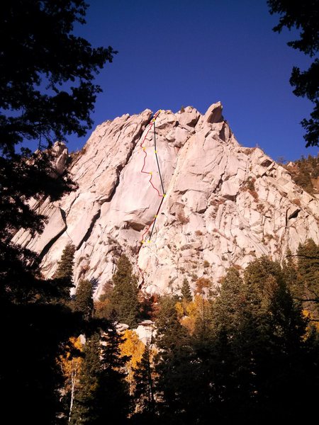 Arm and Hammer in red.  Rappel route in black using 2 60m ropes.