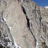 Bastille Buttress with approximate line and belay stations for the Beckey Route