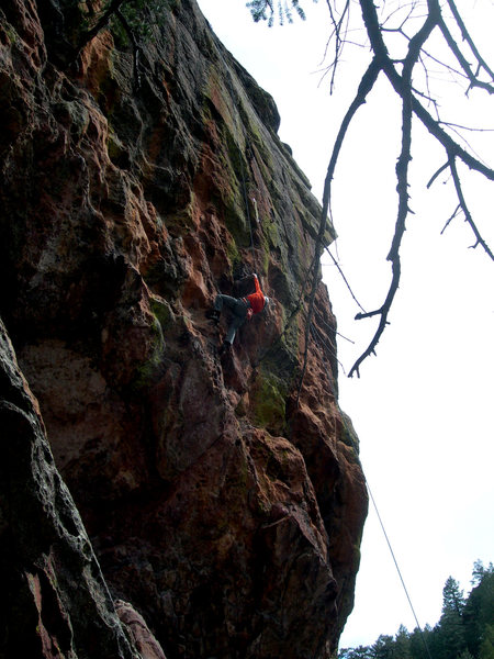 GB moving right, to the bottom of Army's obvious right-leaning handcrack.  The yellow (white-looking) sling above me is hanging from AF's third bolt.