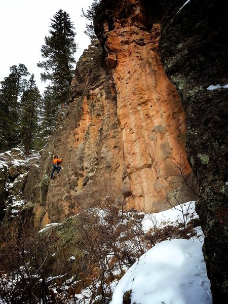 George getting warmed up (or maybe not, actually) on a snowy February day. Alpine sport climbing. 