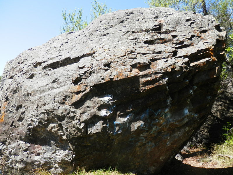 Most of the climbing section of Purgatory Boulder shows here.