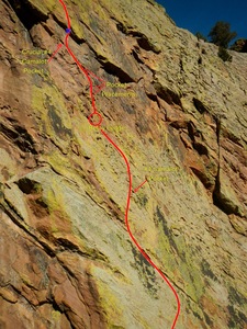 End of 1st pitch, belay ledge, and the start of the 2nd pitch.