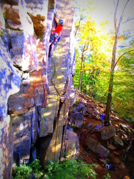 Steven St.Pierre at Baker Cliffs. <br>
<br>
This is a Saranac Lake local crag with great cracks and face climbs. Everything from a srambly 5.6 to a stout 5.10d