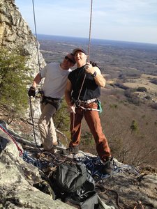 Dennis Buice and Seth Tart on the belay ledge of The Prow.