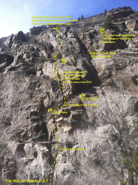 Jumbled Buttress beta. The War on Peace (II 5.7) and rappel route shown. 