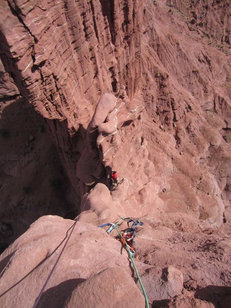 Jon Burnham enjoying the ledge at the top of P1(P2)