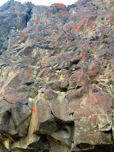 One Move Blunder on the right, Red Drill and obvious crack on the left with shared anchors.  Both routes are one move wonders right off the deck.