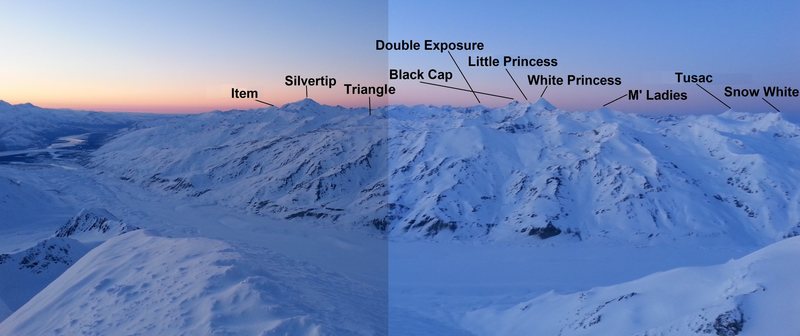 Some of the major peaks in the Deltas as seen from the summit of Institute Peak