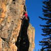 Ed up high in some golden light on<br>
Golden Years (5.13a)