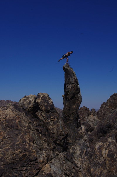 Balancing on the Crooked Dick, Sawtooth Canyon, CA. 