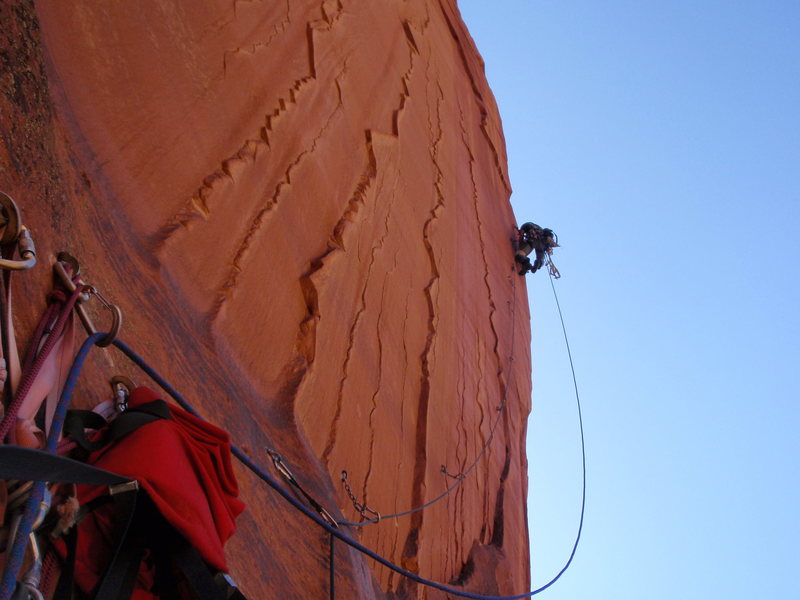 Joe Stern heading out the bolt ladder pitch, 2009?