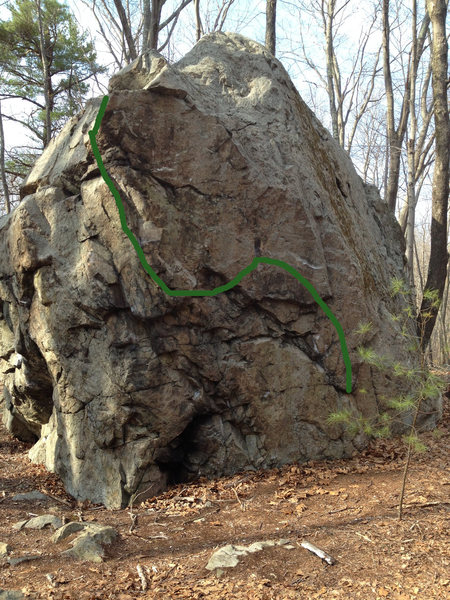 A problem on the Southeast side - low undercling up to a ledge traverse with bad foot holds, then climb up the arete to top out. I'm hesitant to post it as a route, because I don't know the name or FA.