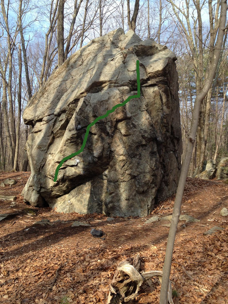 A problem on the South side (steep right side when walking in). Start on a crimp and an undercling, work up and right with some sharp pinches and sidepulls to a sloper, then top out a bit more right.