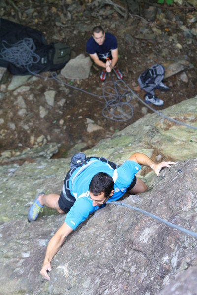 Tim toproping WMD on his first day of climbing in the 'Daks.