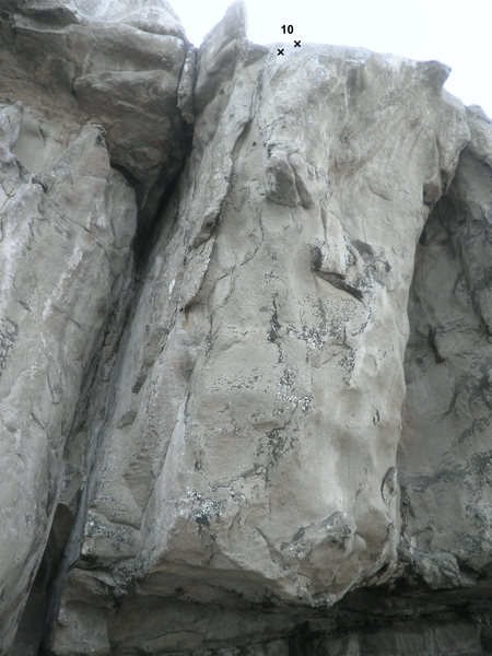 Tenth route from left to right. Toprope only, following the arete.