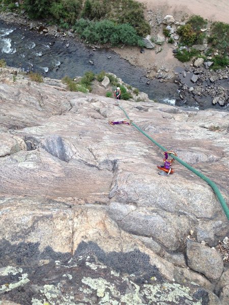 Looking down from the hanging belay atop pitch 1, C climbing.