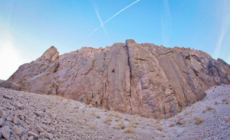 Mothership Cliff, Owens River Gorge. Matt is on Excelsior.  Holey Wars on the next blank face to the right.