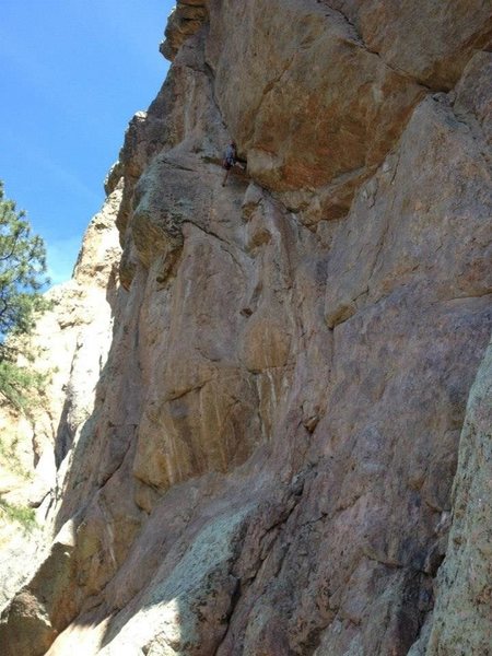 After placing the #4 near the crux. Very long first pitch. Loose rock...helmet for belayer recommended. Worth the adventure, great route.