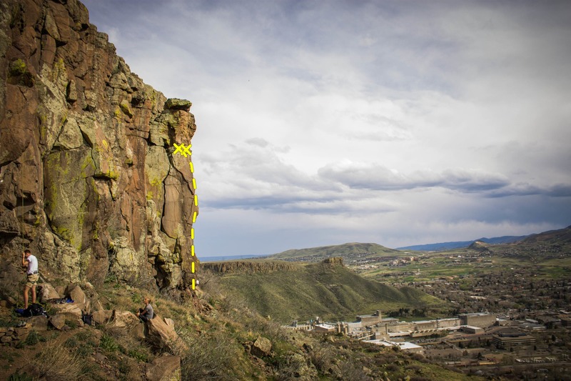 David belaying on Baby Beeper, .10a (Risk Wall). Rebel Yell goes up the obvious skyline arete about 50' to the right. Winterfest Wall starts between the belayer in this photo and the arete.