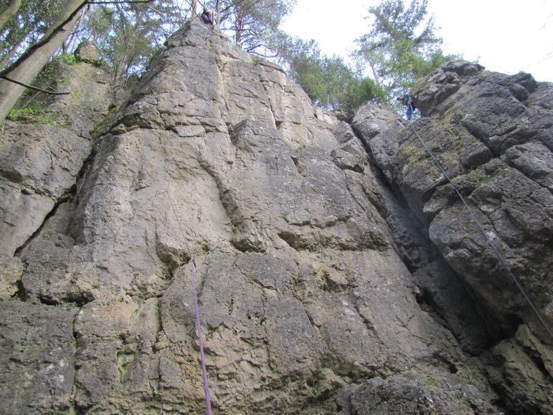 Fanny at the top of Pfeiler. The furthest route to the left here climbs the left side of the arete.