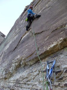 Psyched to clip the first bolt on the third pitch of Tales from the Gripped.