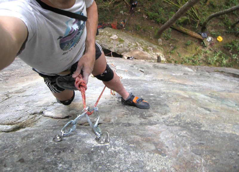 Looking down from the top of The Black Flag of the Schwarzer Kamin (5.10+).