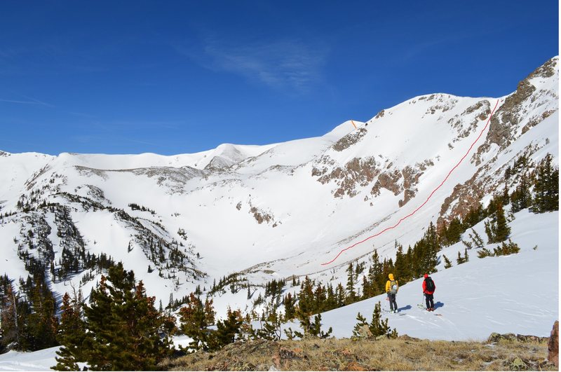 East Portal, near Heart Lake. Cool Whip Couloir - red line.