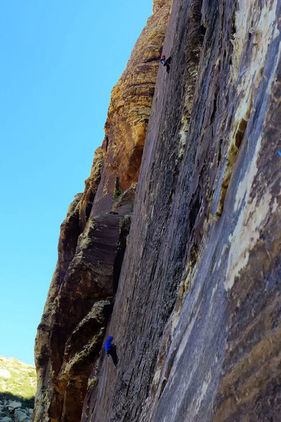 Climbers on Prince of Darkness. View from Fiddler. April, 2014.