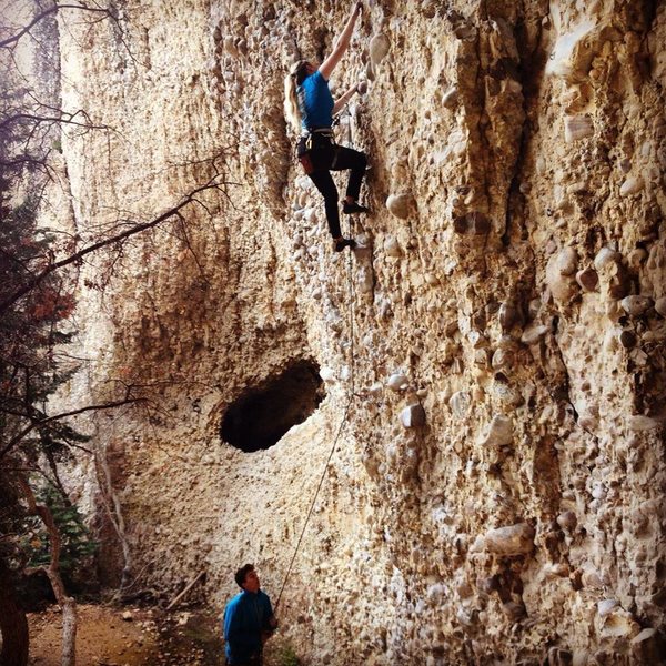 Marley belaying me up this pumpy, slopey yet fun route.