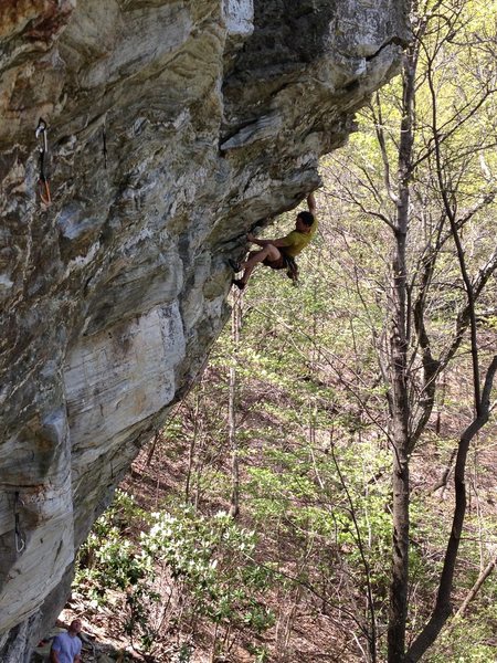 Greg Loomis coming out of the crux.  Photo S.Tart