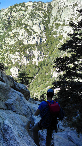 Afternoon Sun on the craggy face of the San Jacinto Massif east of Suicide Rock from the notch at the top of the north face descent.