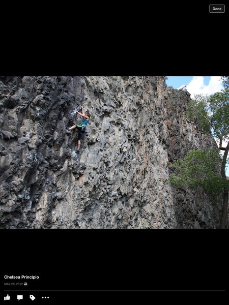 Me climbing Drive By Trucker (5.12b) at South Park crag in Idaho