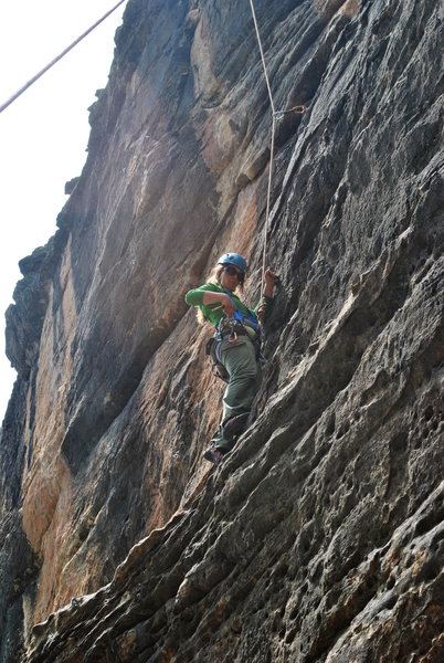 Kayla seconding Thunder Will, about midway up before the crux.