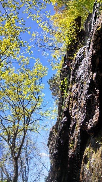 Matt topped out with water flowing- climb was dry though! Such a beautiful day!