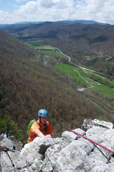 Jon topping out on the final pitch of Le Gourmet.