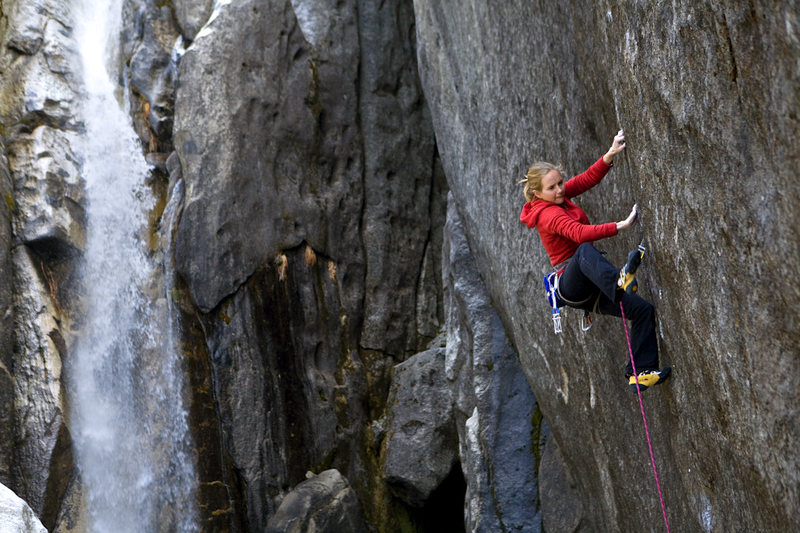 Beth Rodden on Meltdown.<br>
From Wikipedia:<br>
2008: Meltdown(ungraded, thought 5.14c, FA), Upper Cascade Falls, Yosemite Valley, California. She worked the 70-foot crack for most of the winter before redpointing, placing all protection on the redpoint ascent.<br>
(not my photo)