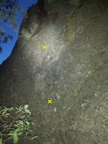 Route ID photo. First two bolts and "crack between large boulders."  Sorry for the low quality.