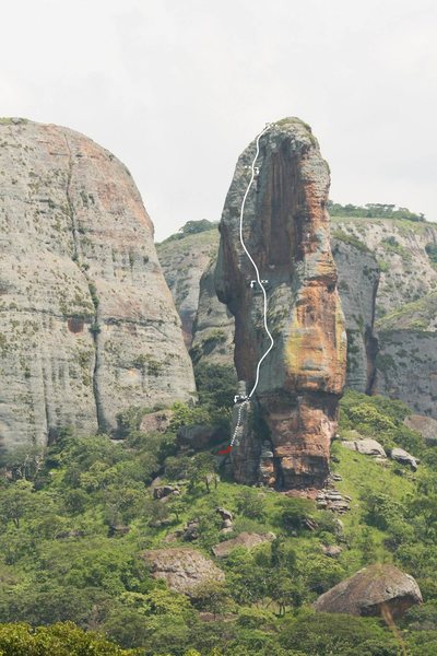 General route line.  Correction:  Only one bolt at the top of P4 and no bolts at top of P1 (sling in crack for rappel) rappel/anchor Bolts added at P1 belay ledge