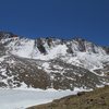 The Summit Lake Cirque.<br>
<br>
Pink - Lazy is Lazy Does.<br>
Dark blue - The Snave.<br>
Forest green - The Snave Direct.<br>
Purple - Telepherique.<br>
Green - Crystal Couloir.<br>
Red - North Face Crag.<br>
Blue - The Bib.<br>
Black - Diamond Couloir.<br>
Yellow - White Trash.<br>
Dark red - The Far Right Dihedral.