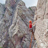 Roped solo (and a bit tangled) pulling the roof on P2, 6/4/14.<br>
<br>
Climbing photography by:<br>
Vandiverphoto@gmail.com.