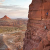 Sunrise ascent, first pitch with north shooter in background.