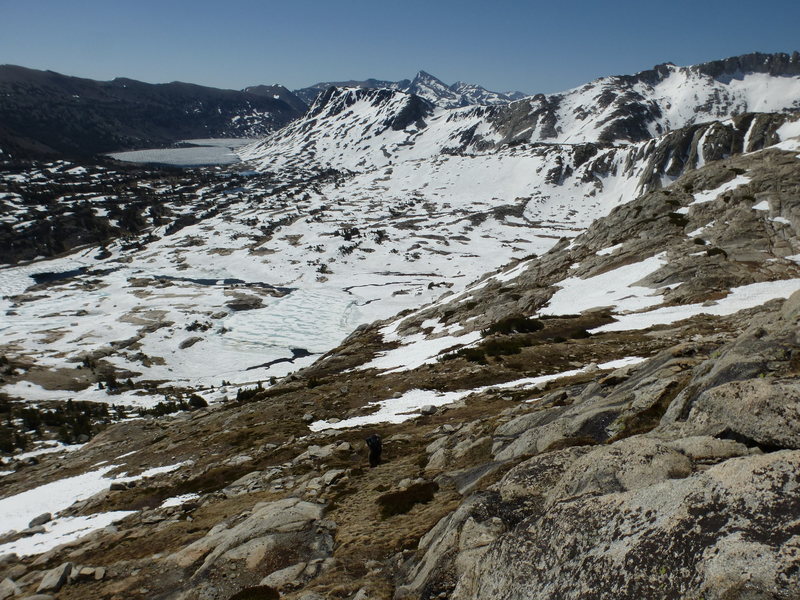 Close to start of NW Ridge climb, looking back southeastward toward Saddlebag Lake, where trailhead is out of view at south end of the lake. Mt. Dana is the high peak in the distance.