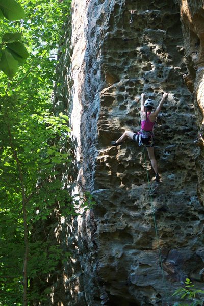 Alissa working her way up the steep jugs.  Great route!