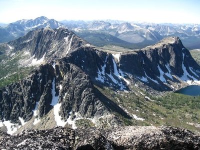 Amphitheatre Mtn. from the summit of Cathedral Pk. (Upper Cathedral Lake with Amphitheatre's North Buttress above are on the far right, Remmel is in the distance to the left)